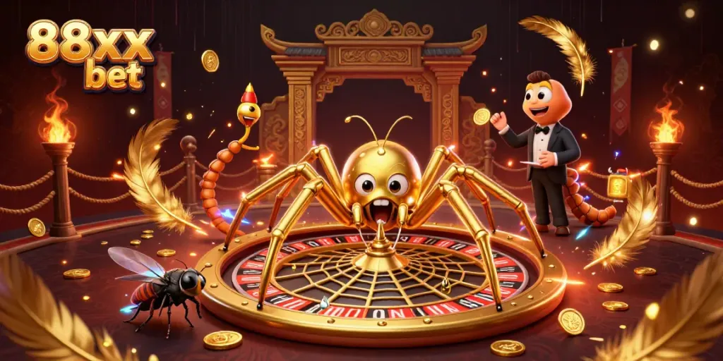 Experience the vibrant thrill of 88xx bet with a golden spider croupier and dynamic betting scenes.