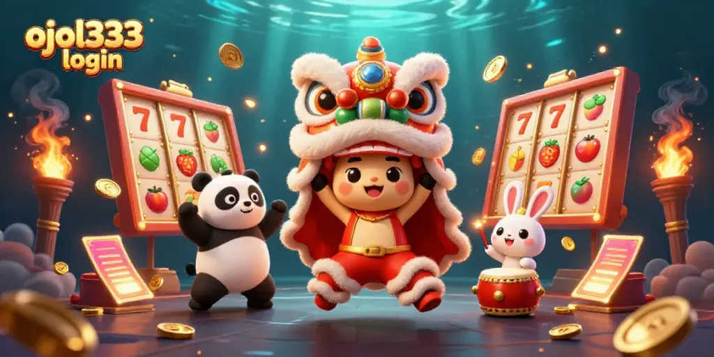 Experience the vibrant ojol333 login scene featuring a lion dance costume and casino game elements.