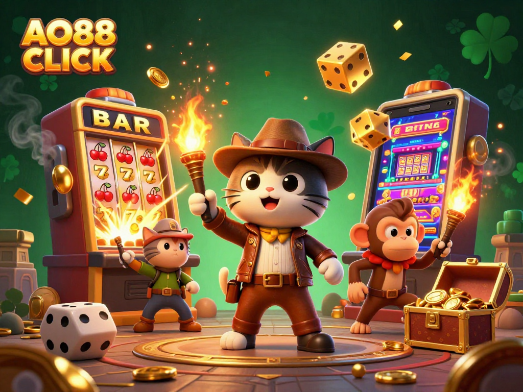 Experience exciting gameplay at AO88 CLICK with a dynamic illustration of adventurers in a casino.