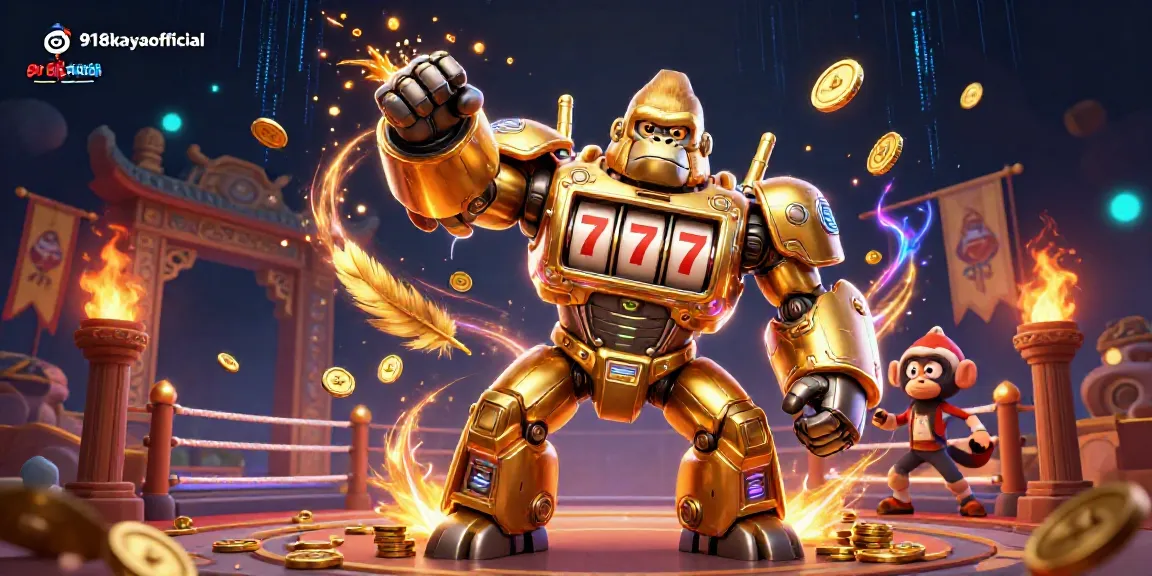 Engage with 918kayaofficial through a vibrant 3D illustration featuring a golden gorilla mech and casino elements.