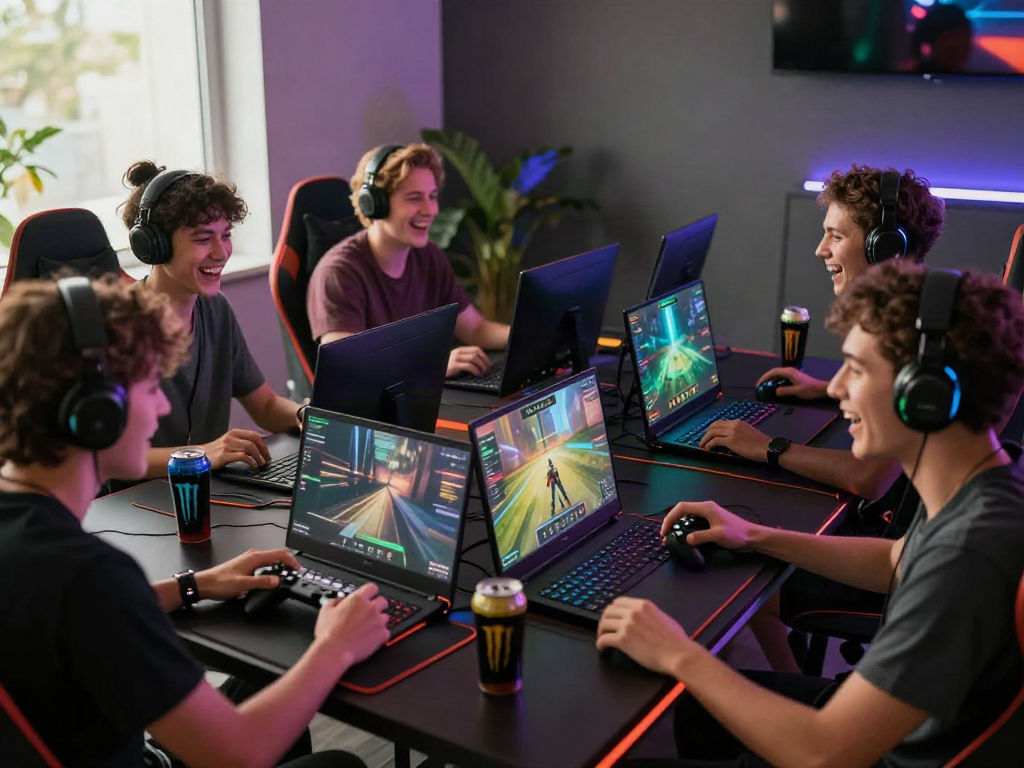 Friends enjoying an online game session with vibrant graphics and tech setup.