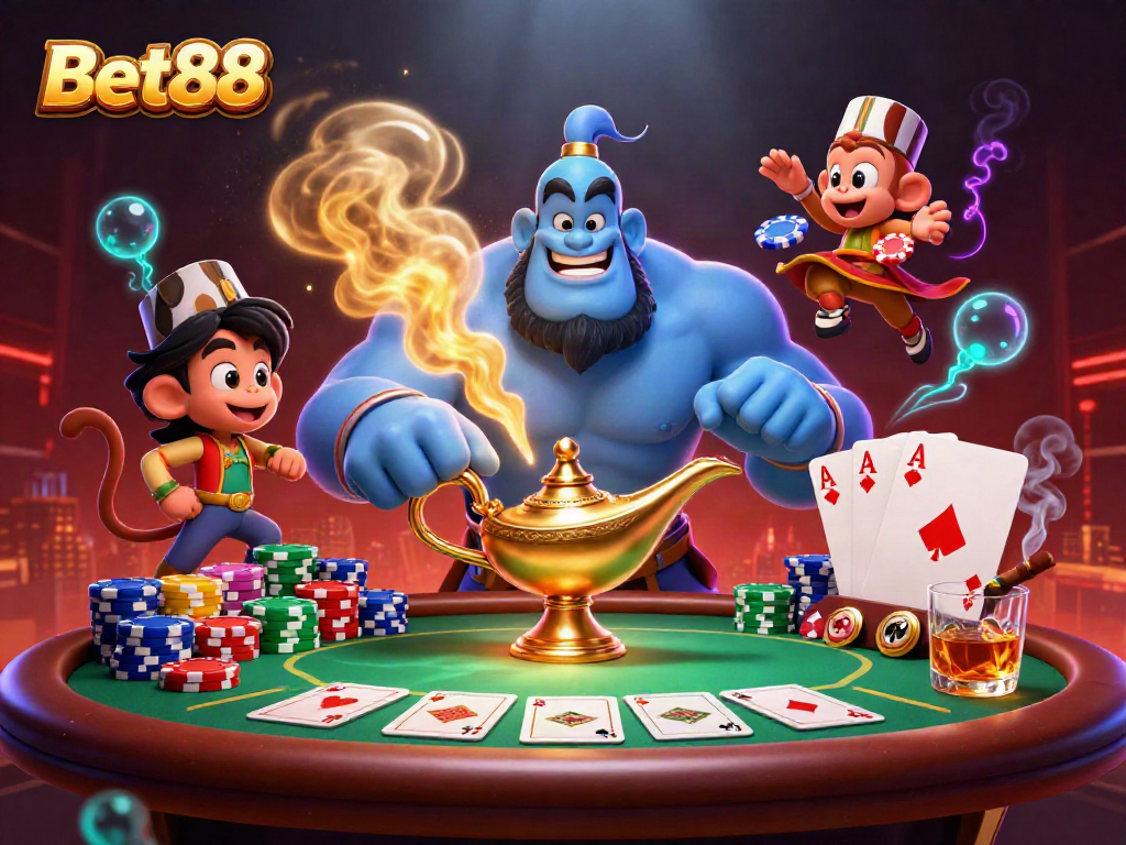 Bet88 showcases an exciting casino scene with a genie, poker chips, and vibrant colors.
