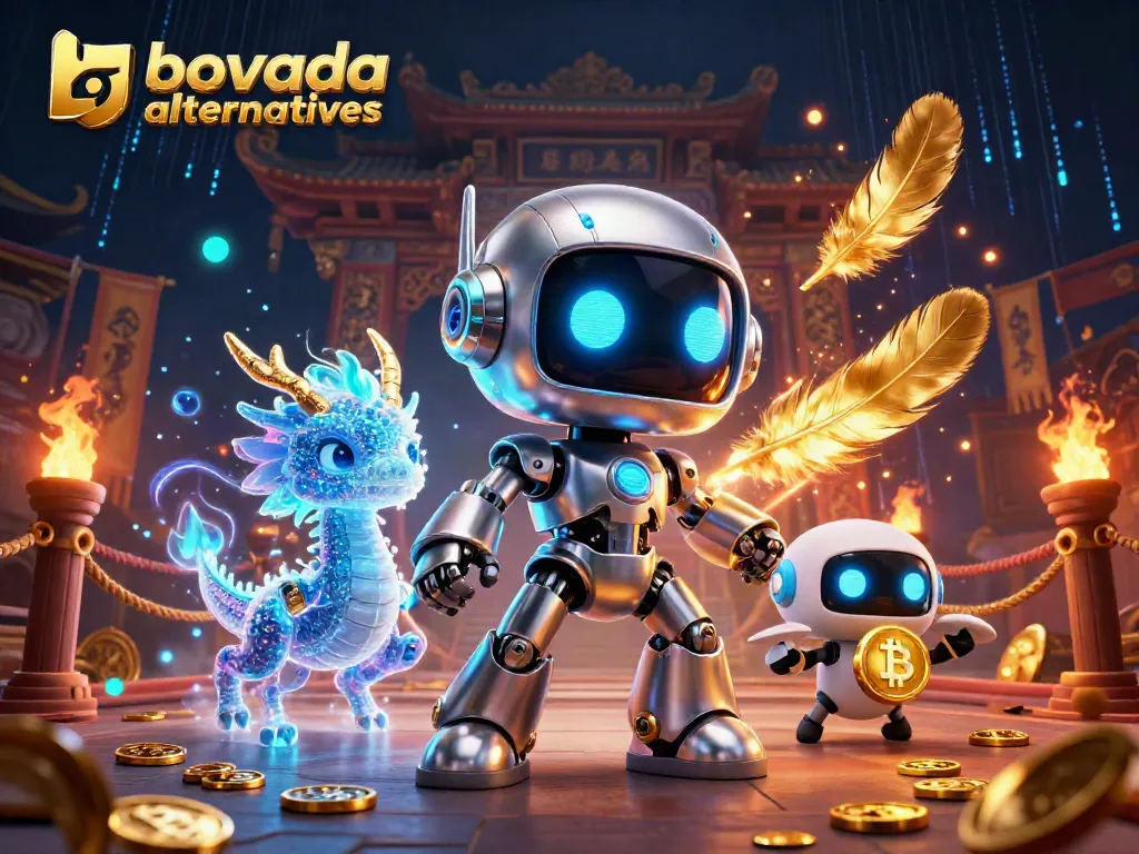 Bovada alternatives illustrated with a cyberpunk robot and a dragon; showcasing vibrant casino elements