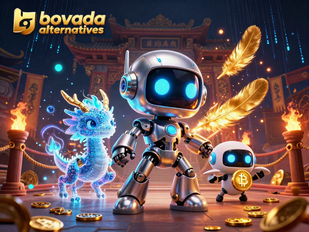 Bovada alternatives illustrated with a cyberpunk robot and a dragon; showcasing vibrant casino elements