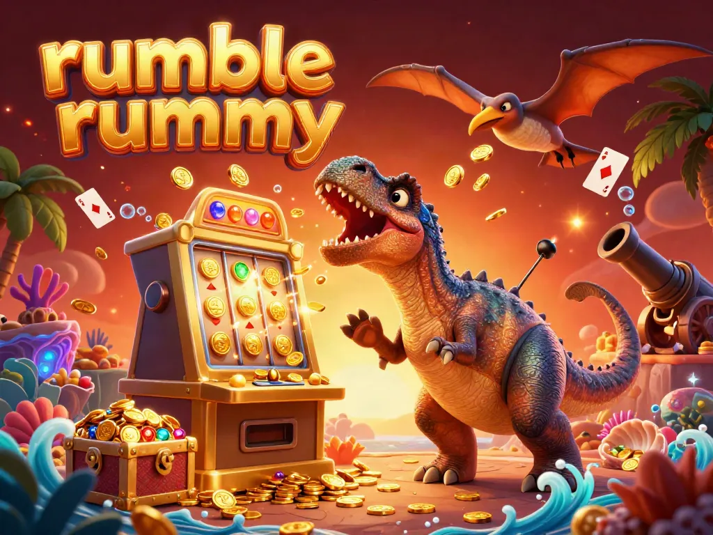 Experience the thrill of Rumble Rummy as cartoon dinosaurs bring excitement to a dazzling slot machine.