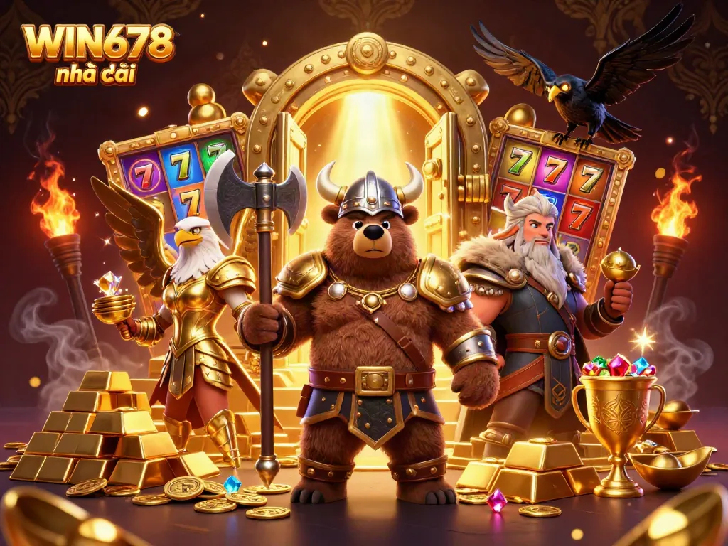 Experience the excitement of WIN678 nhà cái with a vibrant 3D casino illustration featuring a Viking bear, Valkyrie eagle, and treasure elements.