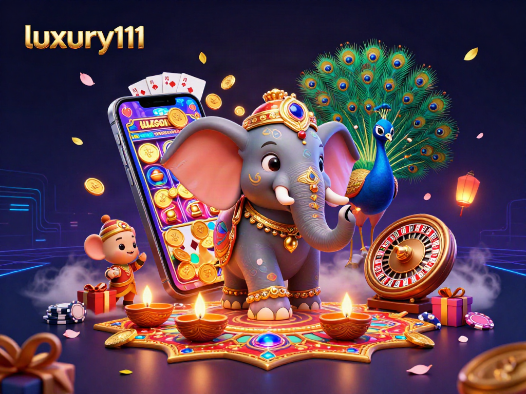 Experience luxury111 gaming with vibrant 3D scene including Diwali elephant, slot games, and festive decorations.