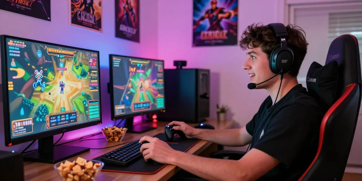 Engaged gamer playing bandar slot on multiple screens with snacks and LED lighting