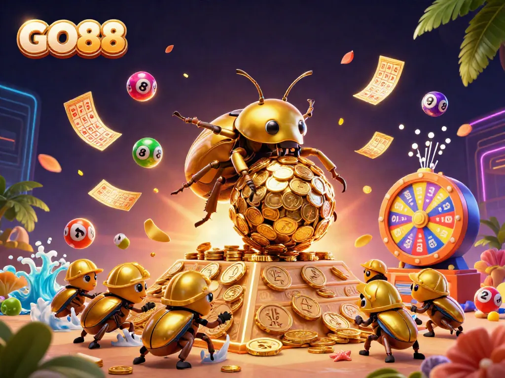 Engage with GO88 in a vibrant 3D casino scene filled with colorful lottery elements and golden prizes.