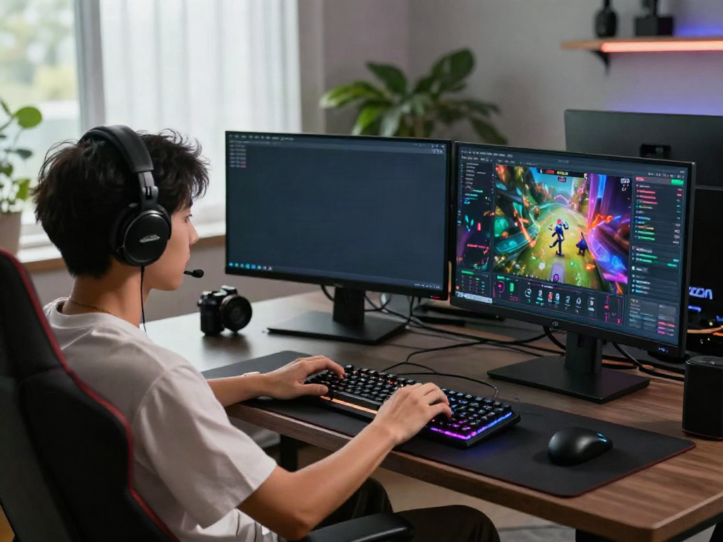 Engaged player using QQMacan gaming platform with vibrant graphics and dual monitors.