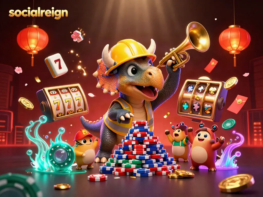 Engage in thrilling gameplay with socialreign's casino fun featuring vibrant triceratops and slot elements.