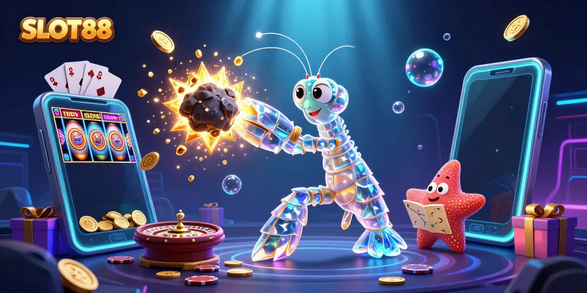 Experience SLOT88's exciting gaming scene with a mantis shrimp character amidst golden coins and vibrant slot games.