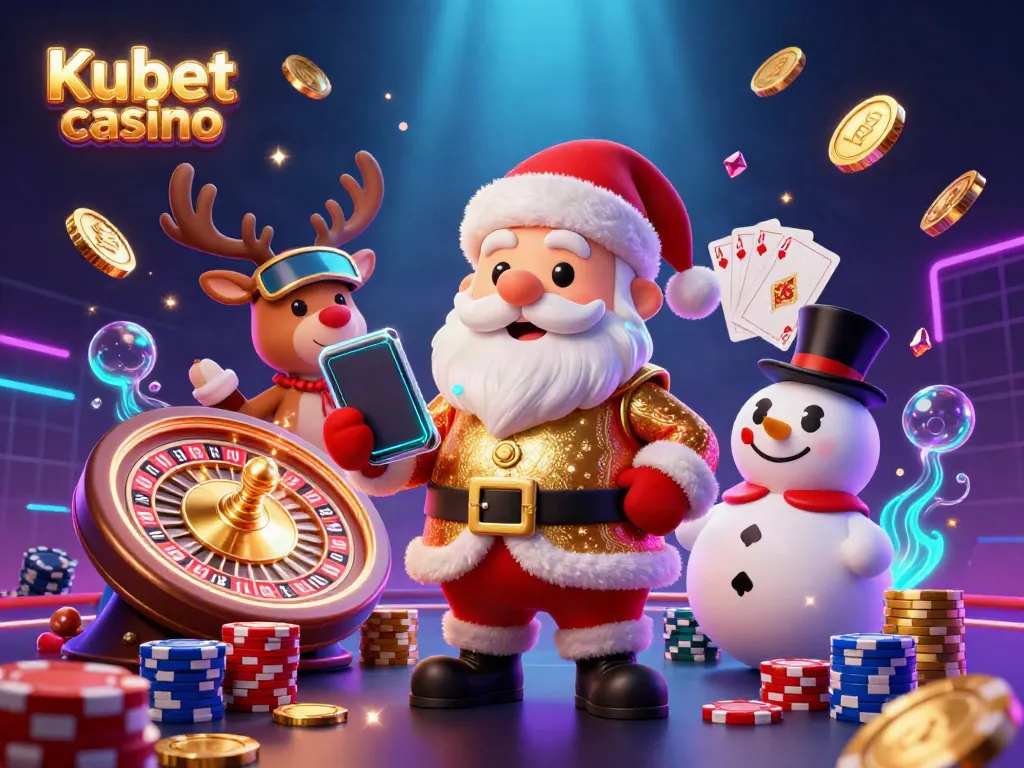 Kubet casino illustration featuring Santa and friends amidst lively casino games with golden coins and rich visuals.
