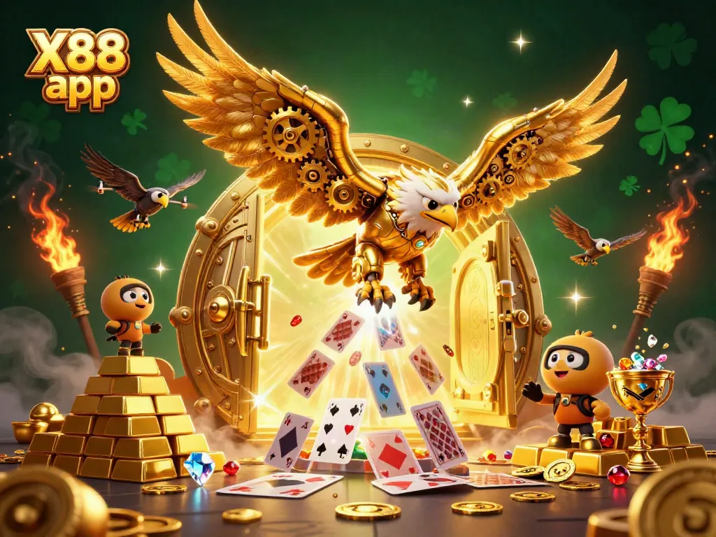 Experience exciting gameplay with the X88 app in this rich 3D illustration showcasing golden treasures and majestic characters.