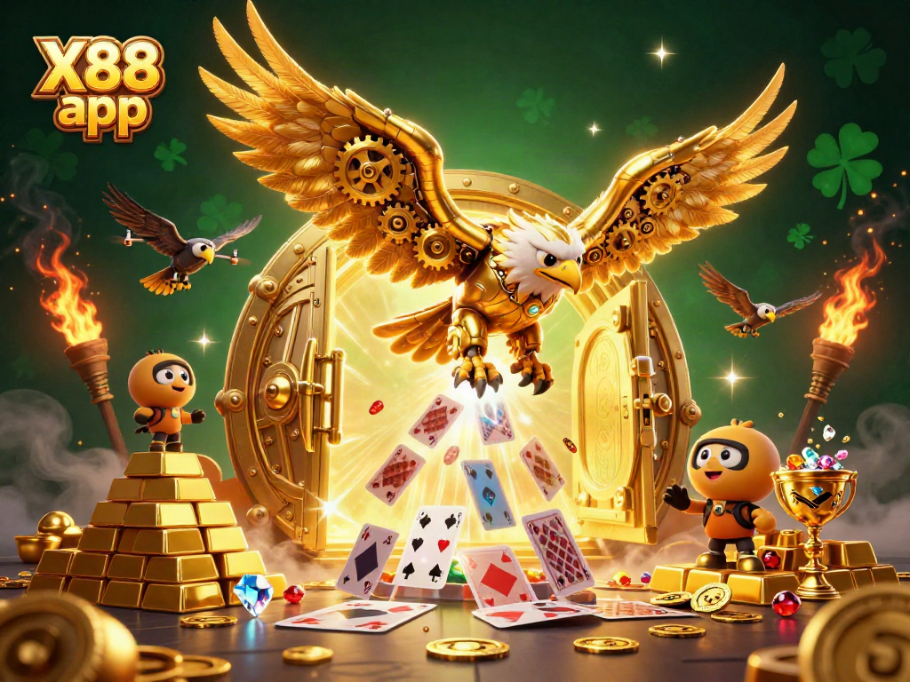 Experience exciting gameplay with the X88 app in this rich 3D illustration showcasing golden treasures and majestic characters.