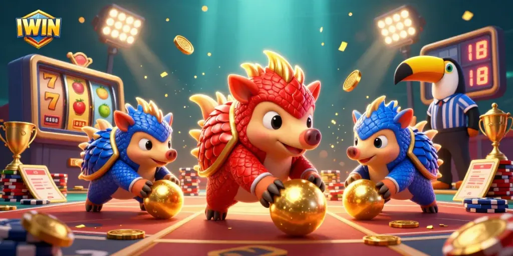 IWIN casino pangolins roll golden balls in a vibrant slot machine showdown