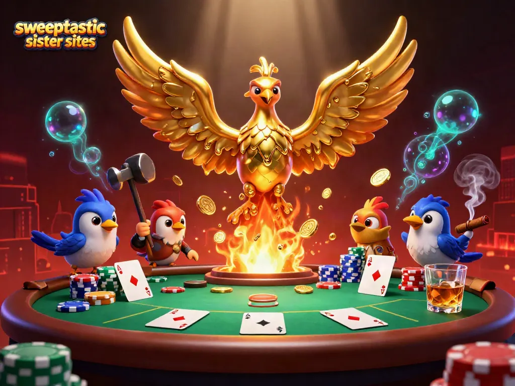 Sweeptastic sister sites showcase a molten phoenix with poker elements in a vibrant, dynamic casino scene.