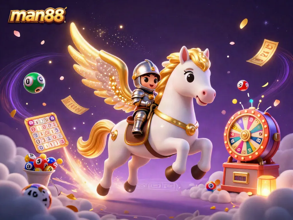 Join the fun at man88 with an enchanting 3D scene of gaming excitement and vibrant lottery elements.