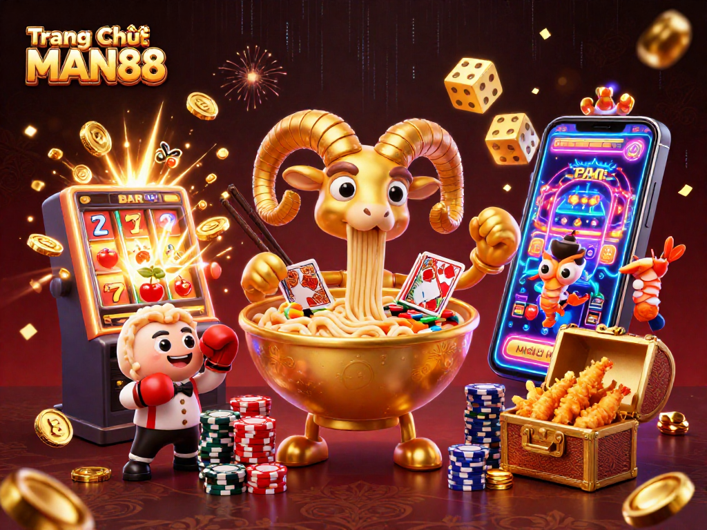 Engaging scene from Trang Chủ MAN88 with vibrant characters and a jackpot explosion, showcasing dynamic casino elements.