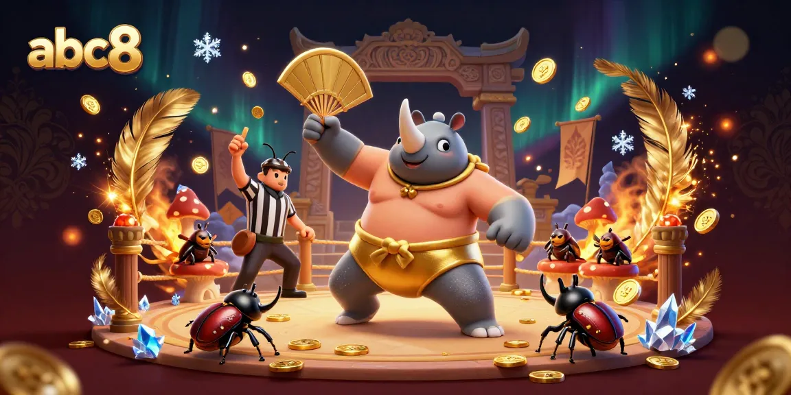 Engaging scene of a rhinoceros beetle champion at abc8, surrounded by coins and dynamic casino elements.