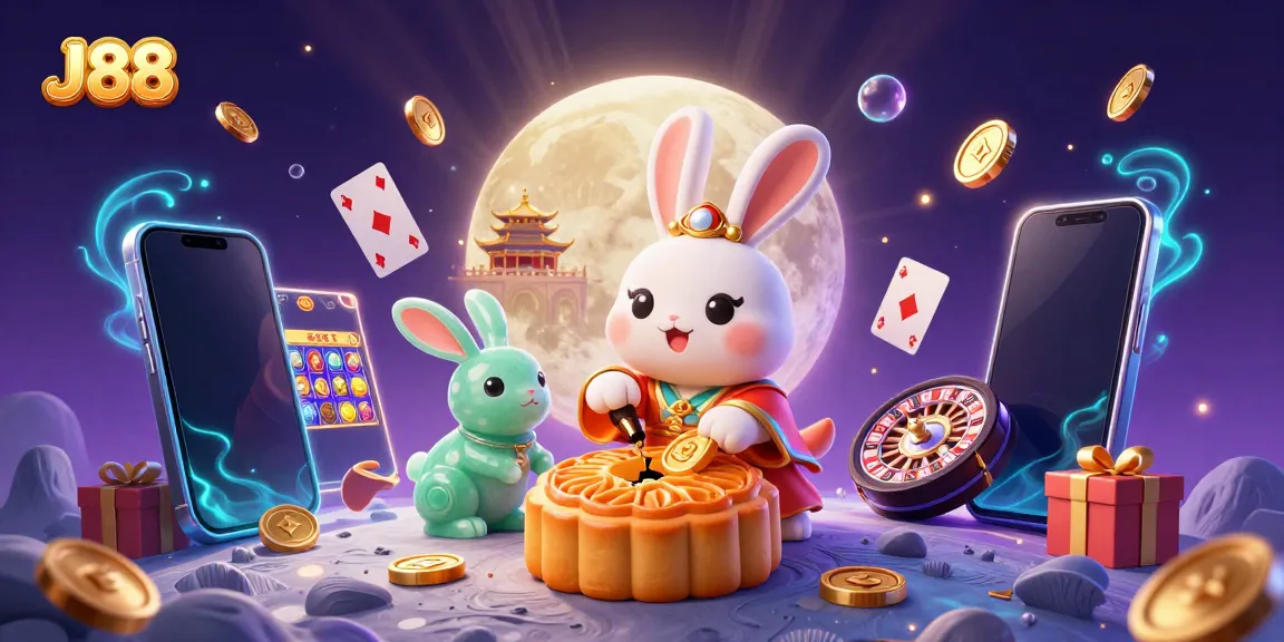 Celebrate wins at J88 with a 3D illustration of a moon rabbit character revealing poker chips!