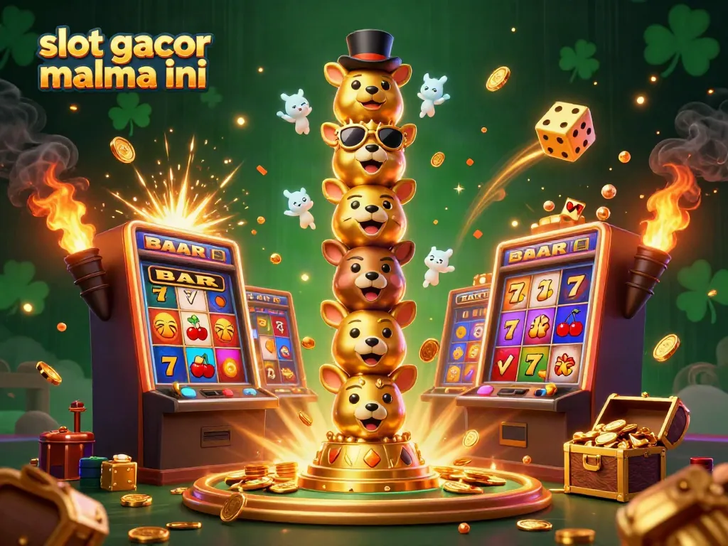 Engage with exciting slot gacor malma ini moments captured in a vibrant 3D casino scene filled with characters and game symbols.