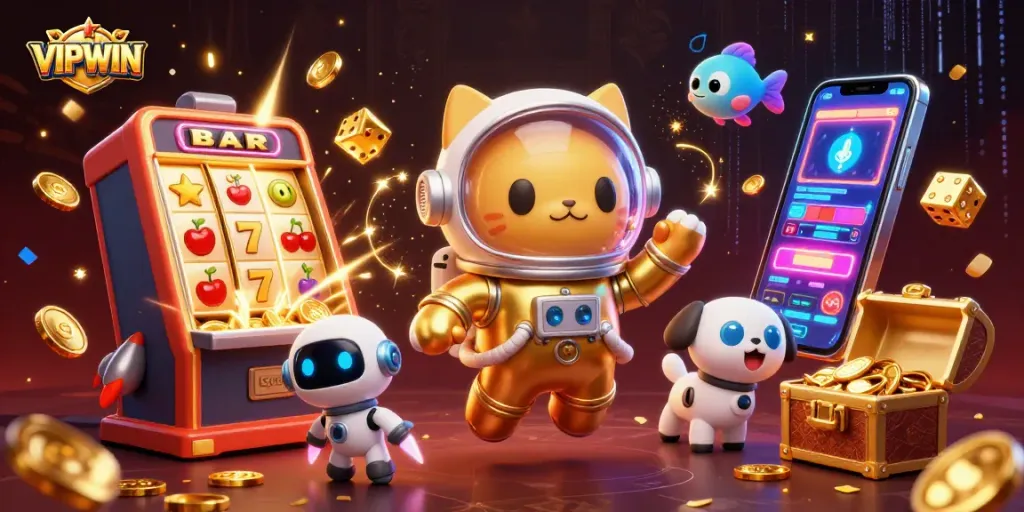 Spin and win big with VIPWIN in a dazzling casino adventure featuring astronauts and jackpots.