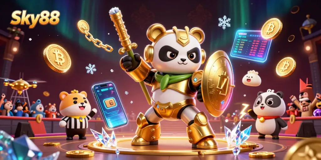 Engage in thrilling gameplay at Sky88 with vibrant 3D illustrations of games, coins, and crypto.