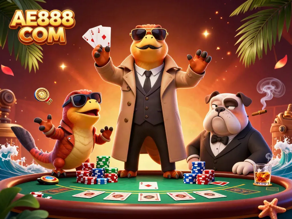 Three raptors in a trench coat entering a VIP casino lounge scene featuring AE888 COM branding.