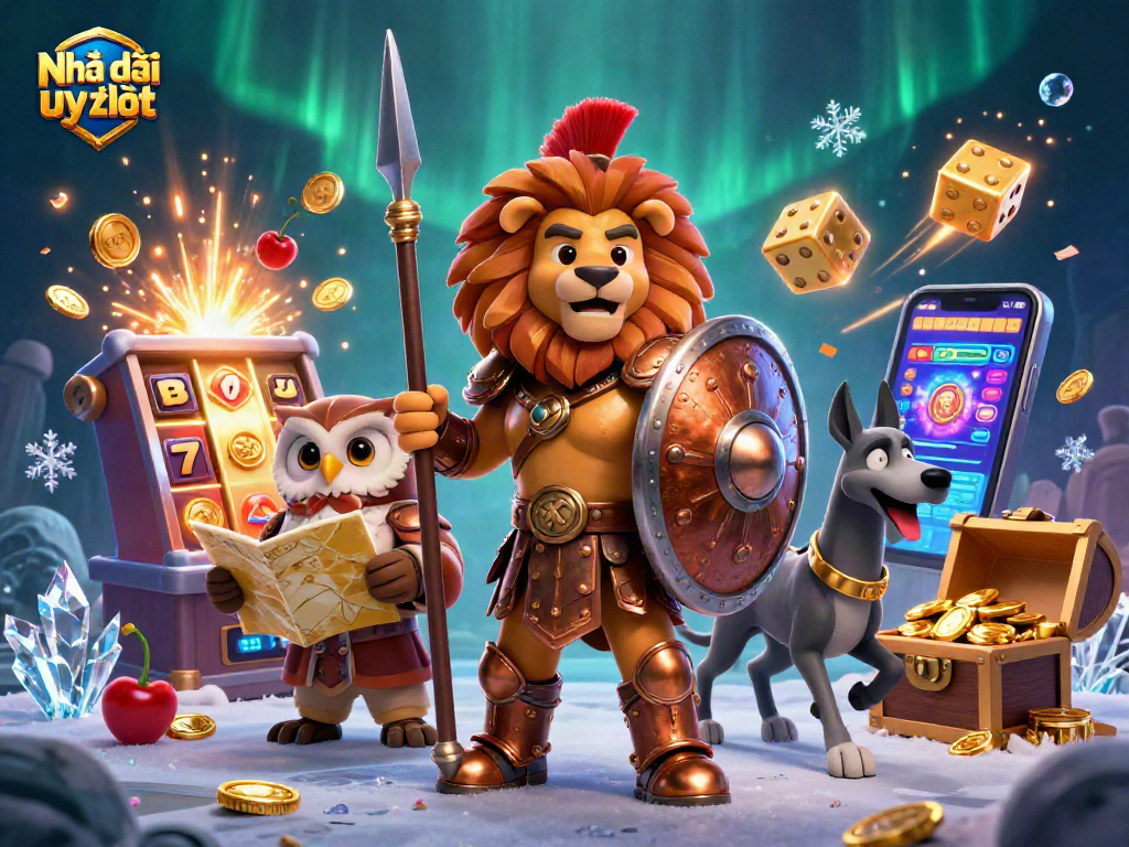 Engage with Nhà cái uy tín: a vibrant casino scene featuring characters amidst a jackpot explosion.