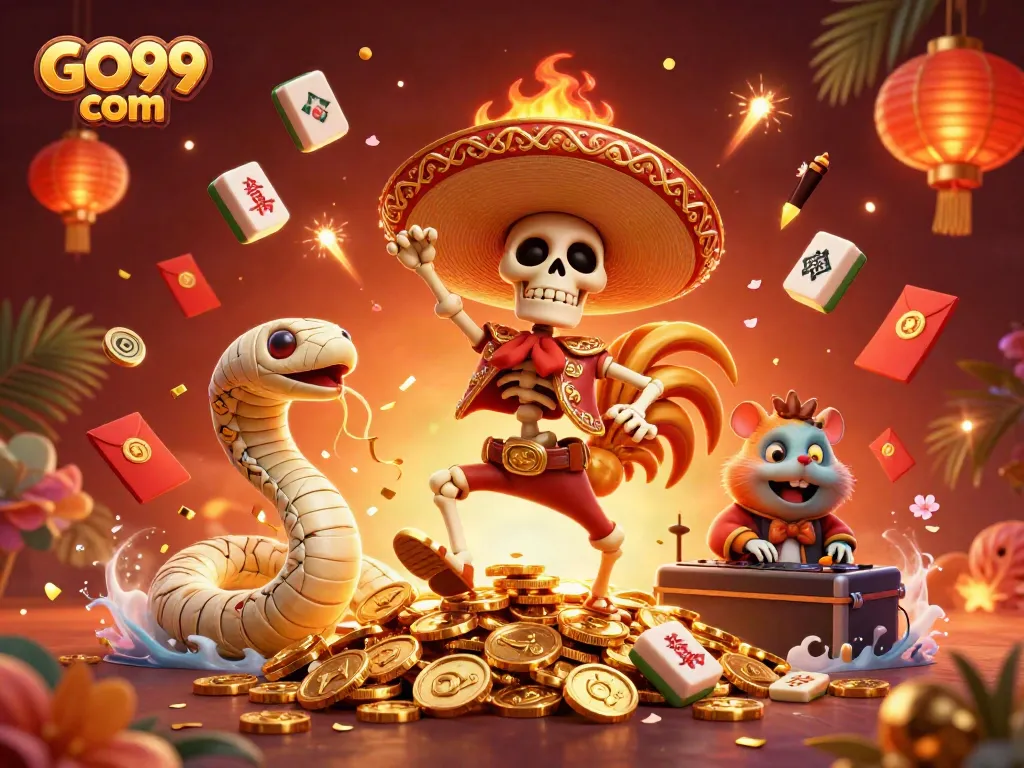 Experience the thrill of winning at GO99 com with colorful gambling elements and cartoon characters.