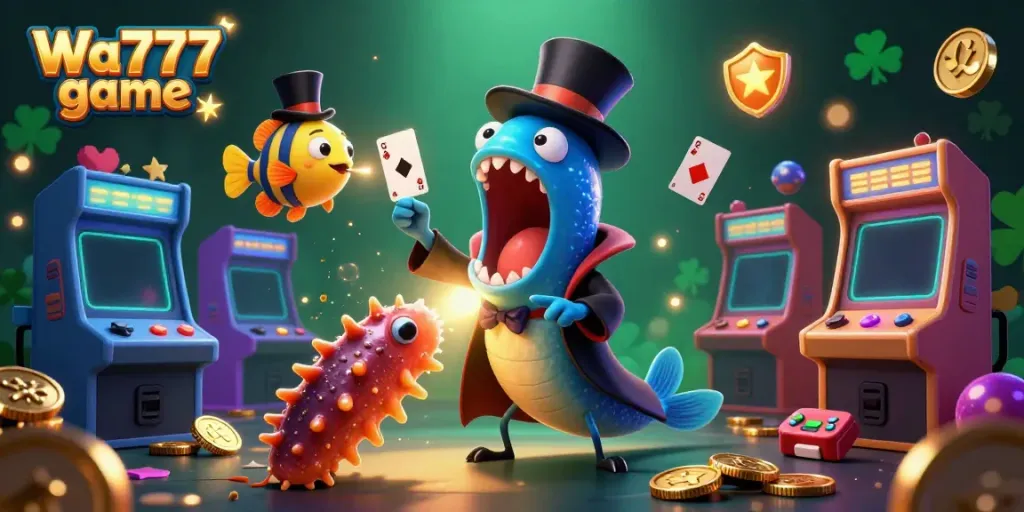 Engaging Wa777 game with a whimsical scene of underwater characters showcasing casino-style entertainment.