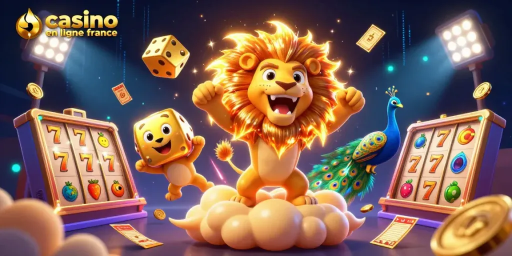 Experience the thrill at casino en ligne france with a vibrant 3D casino scene involving dynamic slot games and energetic characters.