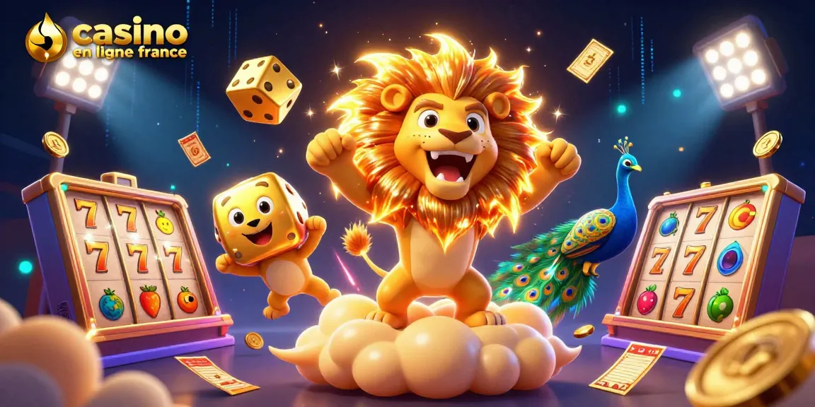 Experience the thrill at casino en ligne france with a vibrant 3D casino scene involving dynamic slot games and energetic characters.