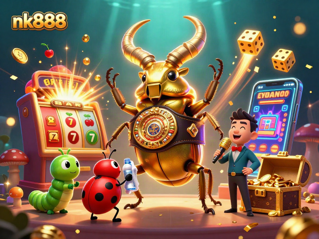 Join the excitement of nk888 with a dynamic casino showdown featuring a golden stag beetle and vibrant game elements.