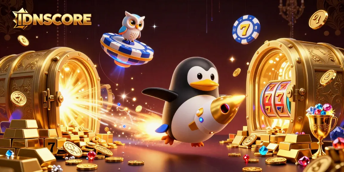 Experience thrilling wins with IDNSCORE, featuring golden penguins and lavish casino elements.