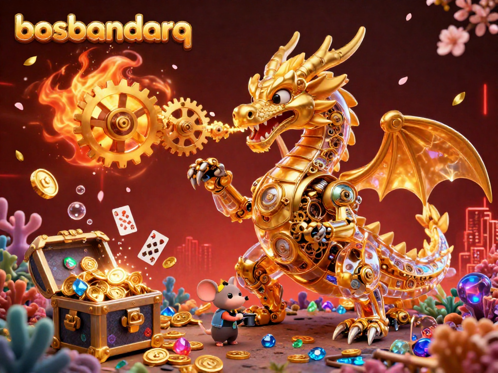 Experience thrilling gambling action at bosbandarq with a vibrant dragon surrounded by treasures and games.