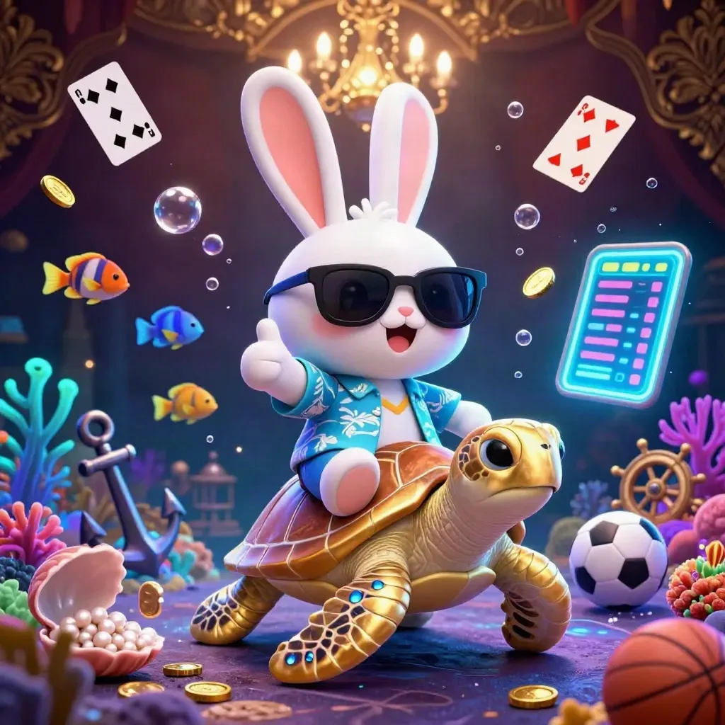 Lucky rabbit on gem-shell turtle amid coins, cards, coral, bubbles and neon treasure glow.