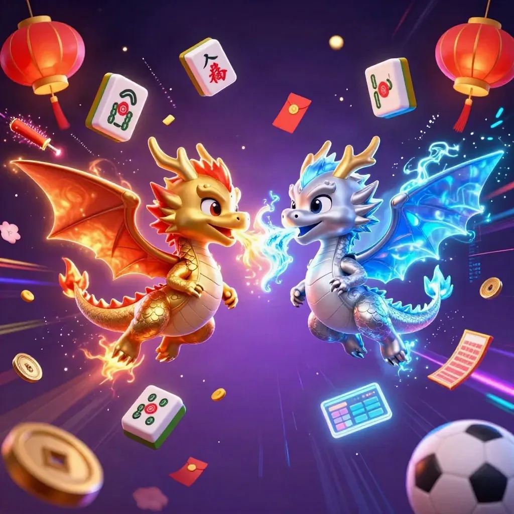 Gold and silver dragons in a neon casino sky with lanterns, coins, tiles, and electric effects.