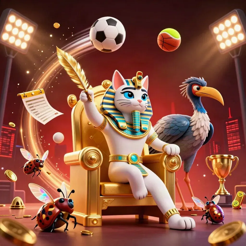 Pharaoh cat, ibis scribe and scarabs amid flying sports balls, trophy, coins and blue-cyan glow.