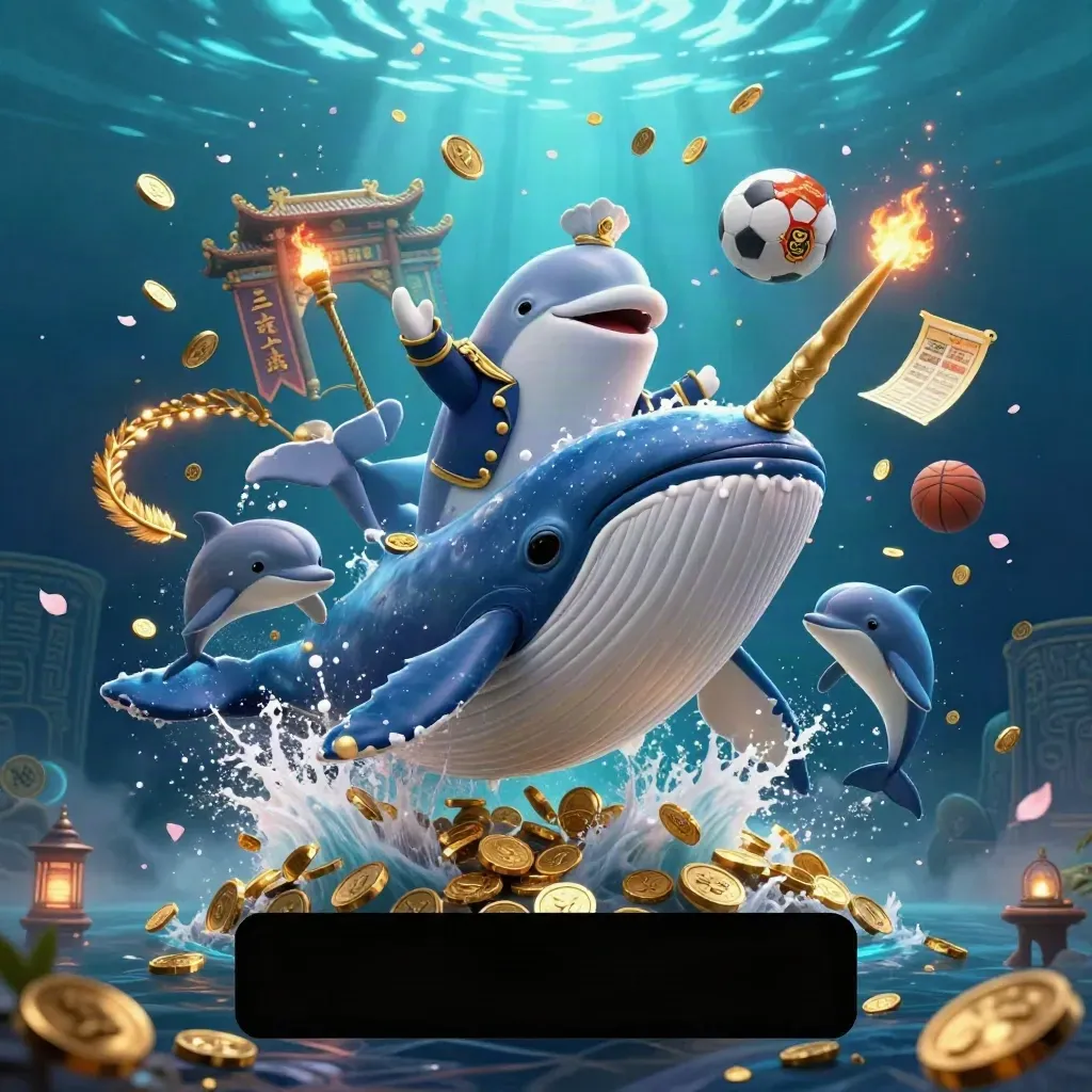 Whale captain, narwhal, and dolphins amid coins, temple gate, rings, and neon underwater light.