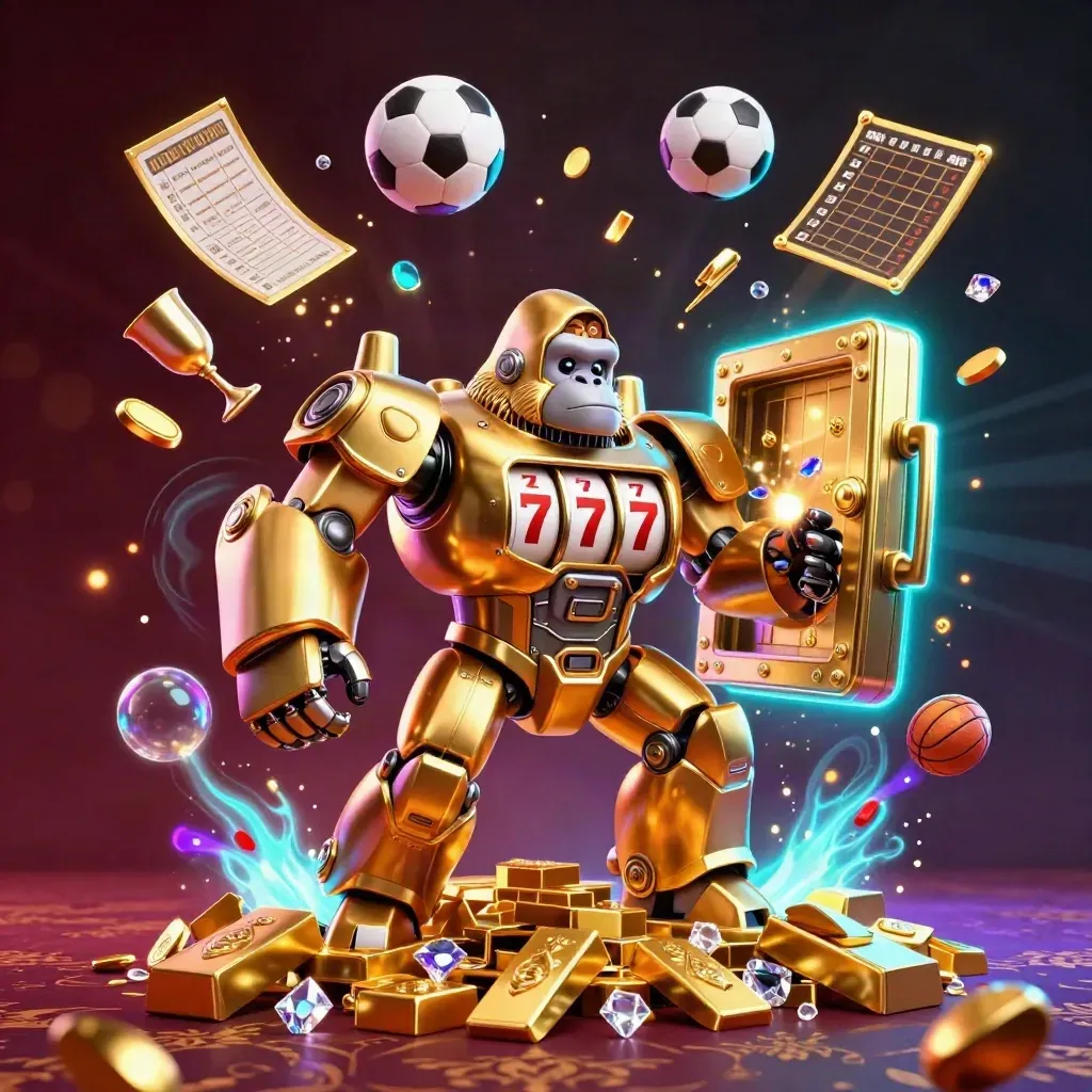 Golden gorilla mech with tiny pilot bursts from a treasure vault amid cyan casino loot.
