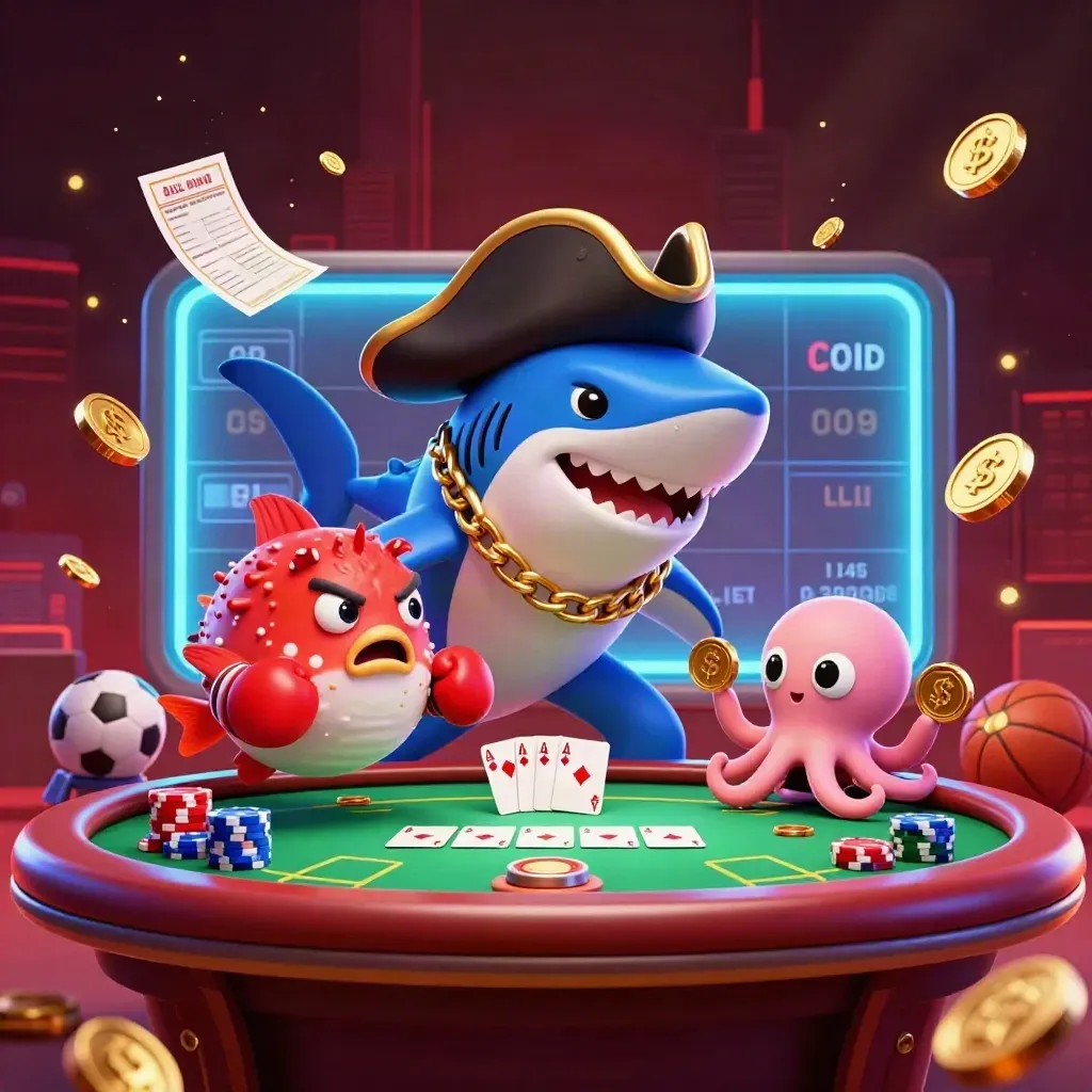 Shark captain, pufferfish, and octopus clash over a casino poker table with coins and chips.