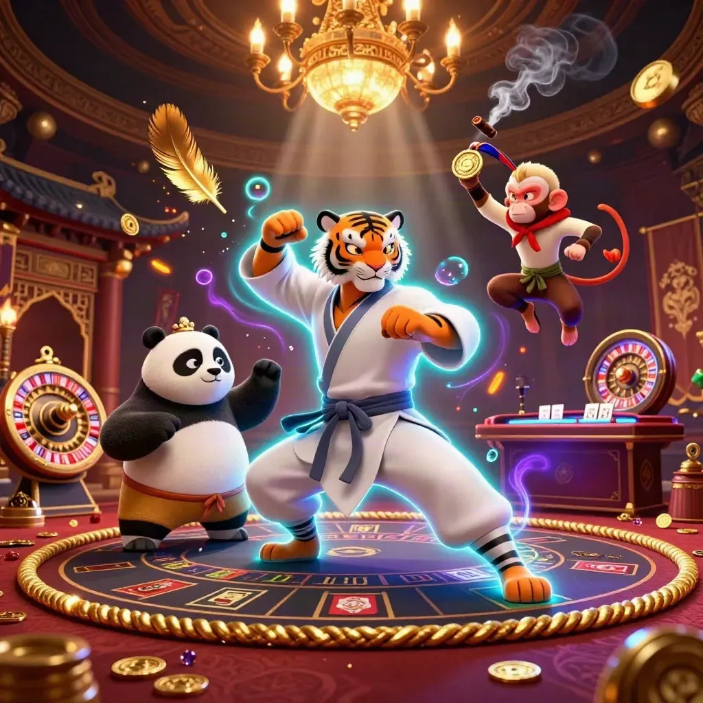 Tiger, panda, and monkey in a luxe casino-temple scene with glowing lights and a spinning wheel.