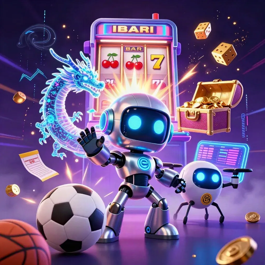 Cyberpunk robot, dragon and drone amid slot burst, flying balls and gold on a neon purple casino backdrop.