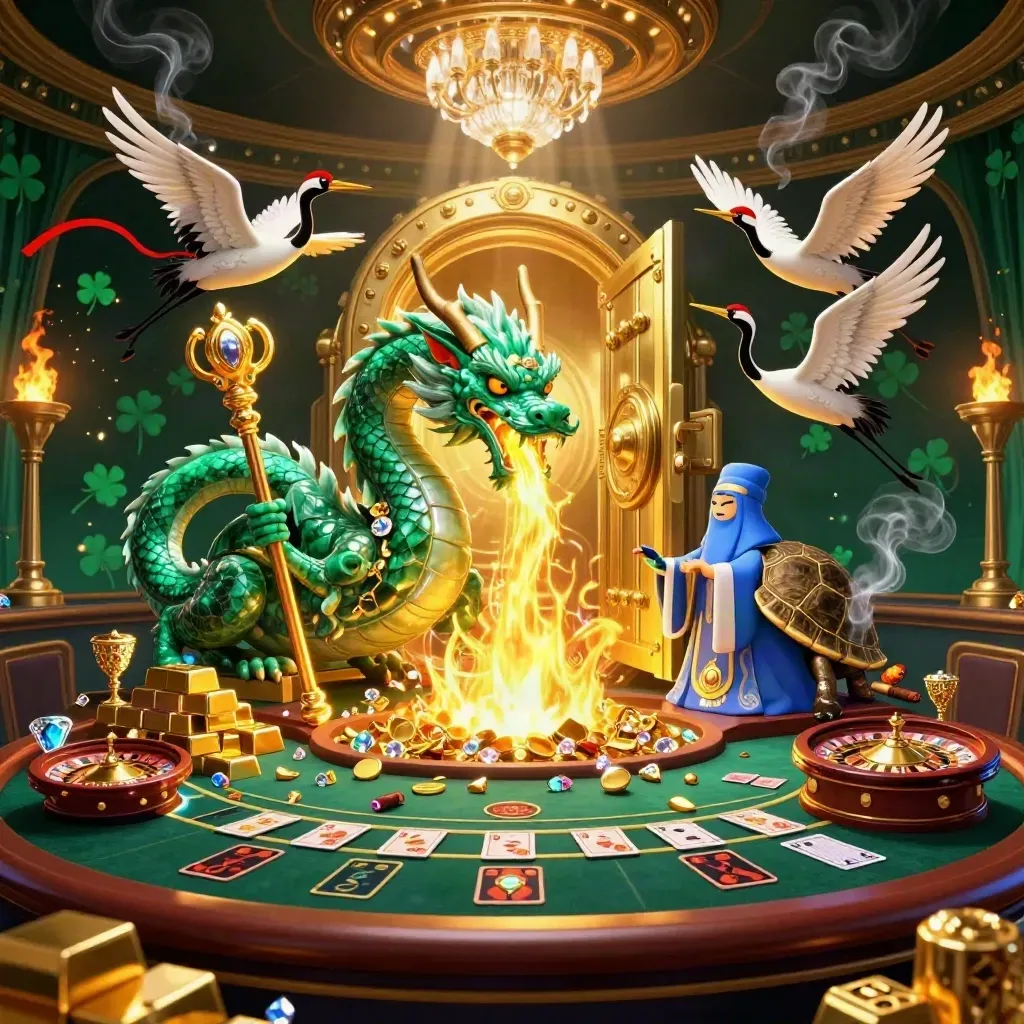 Jade dragon, turtle sage, and cranes in a luxe casino vault with gold, gems, and blazing fire.