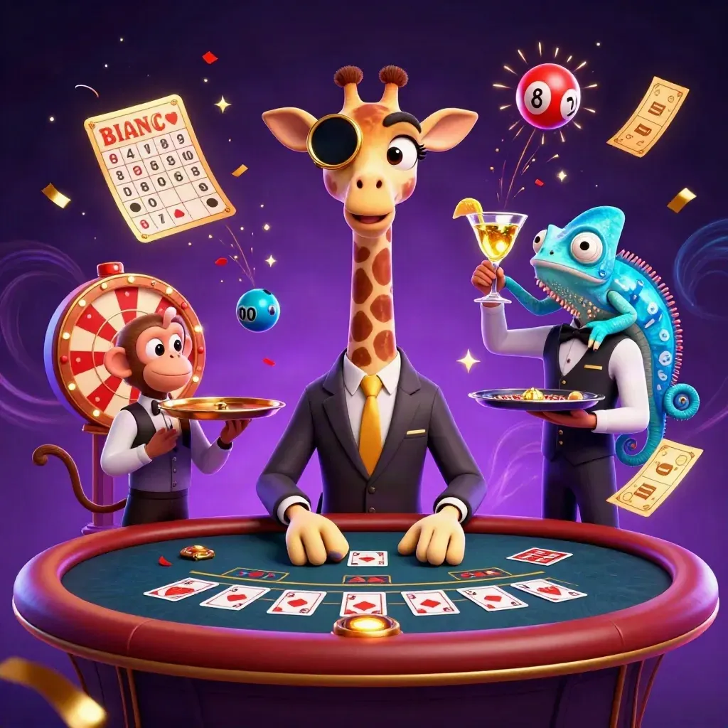 Giraffe, monkey and chameleon in a neon casino scene with spinning wheel and golden confetti.