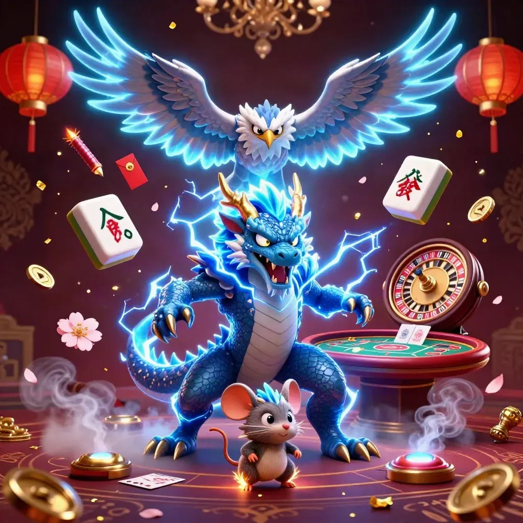 Thunder dragon, wind hawk, and static mouse amid luxe casino glow and flying lucky symbols.