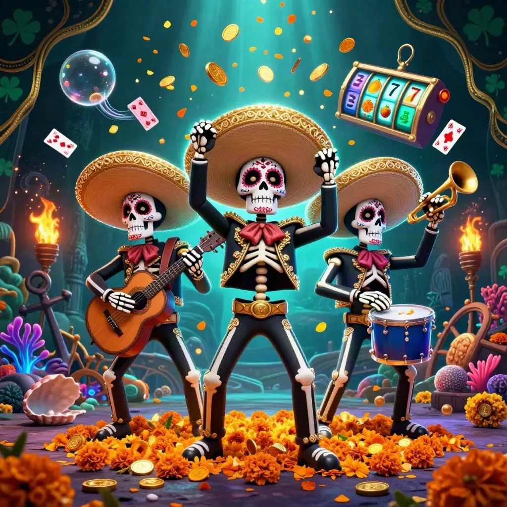 Skeleton mariachi trio amid treasure cove, cyan glow, coins, coral and casino bursts