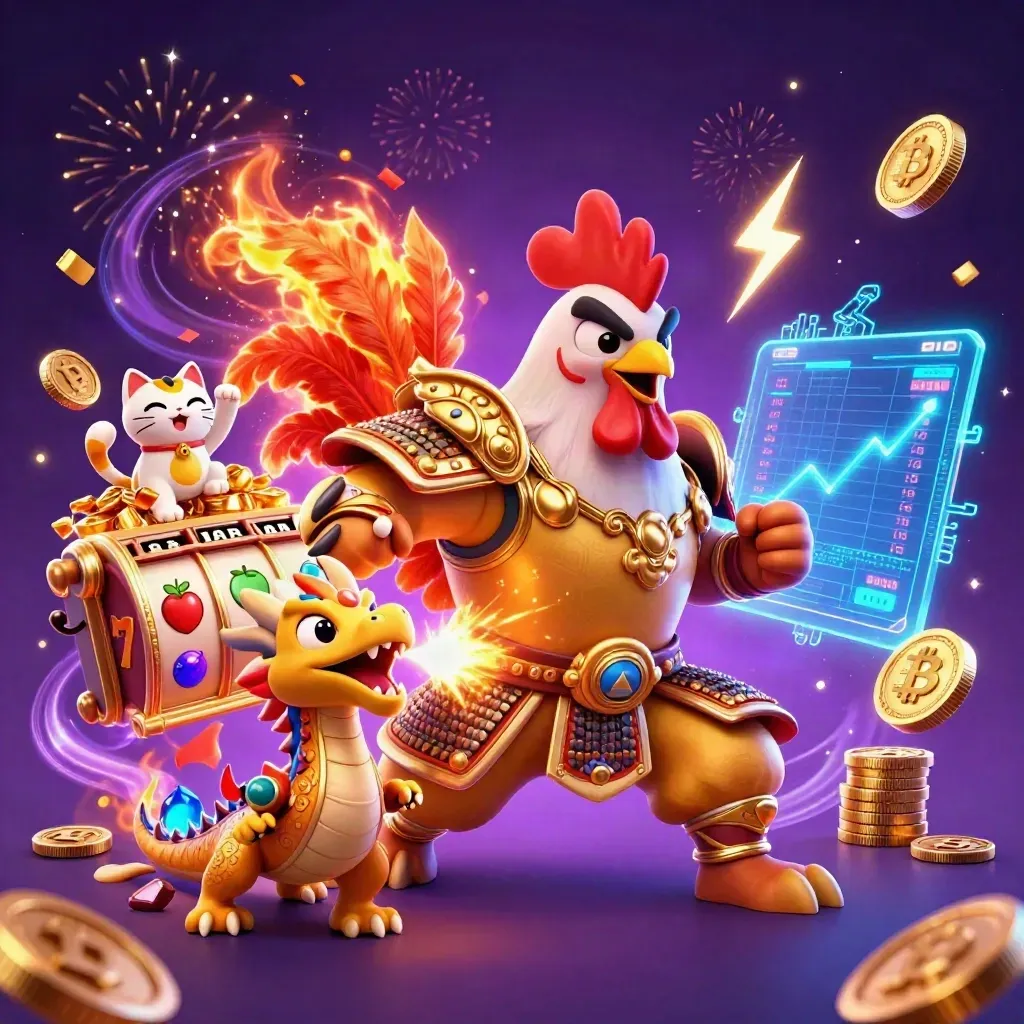 Rooster warrior, dragon hatchling and fortune-cat explode with neon coins and casino energy.